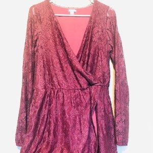Gorgeous Maroon lace long sleeve shorts romper